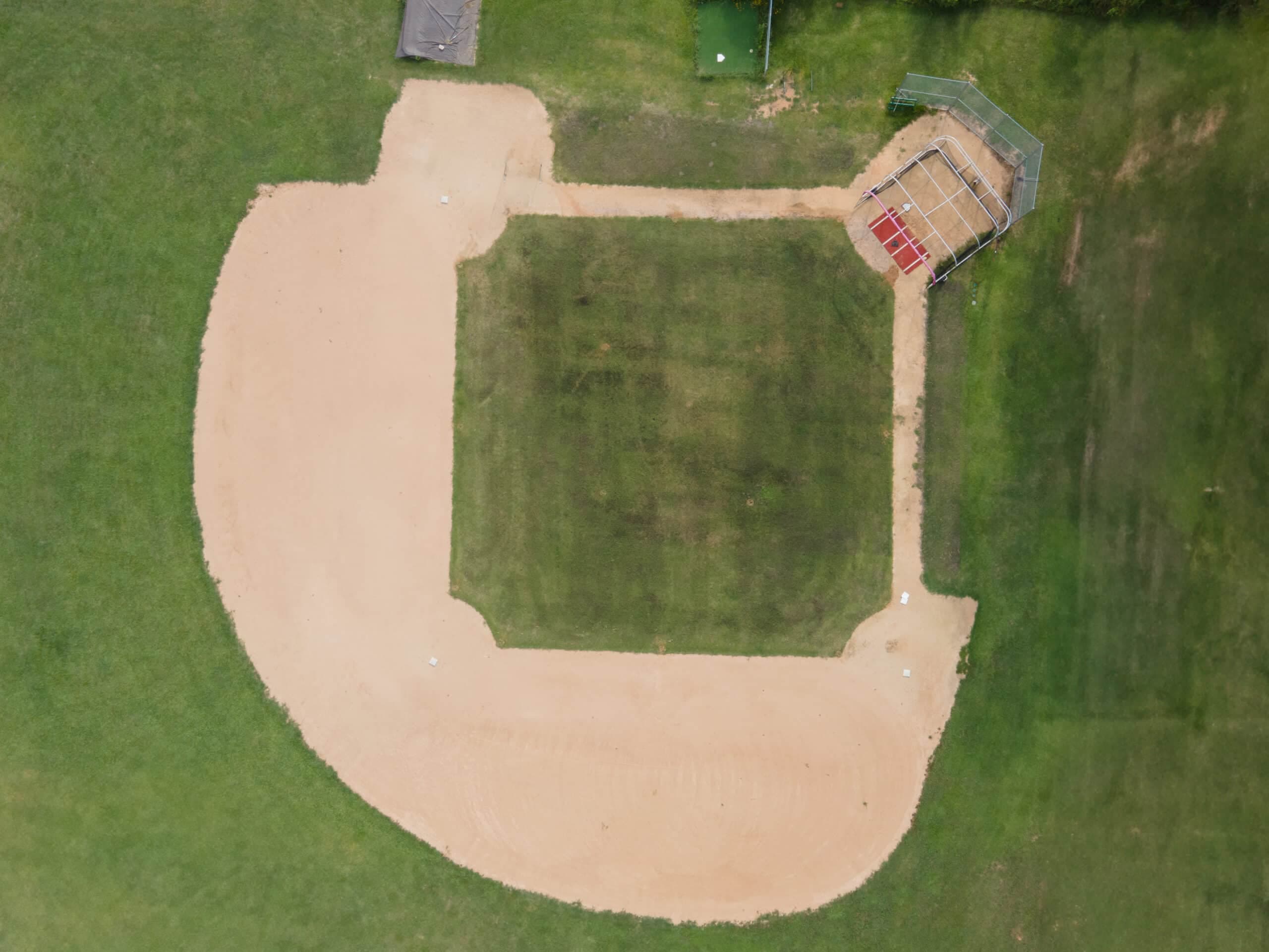 Aerial view of the Justice Field baseball diamond.